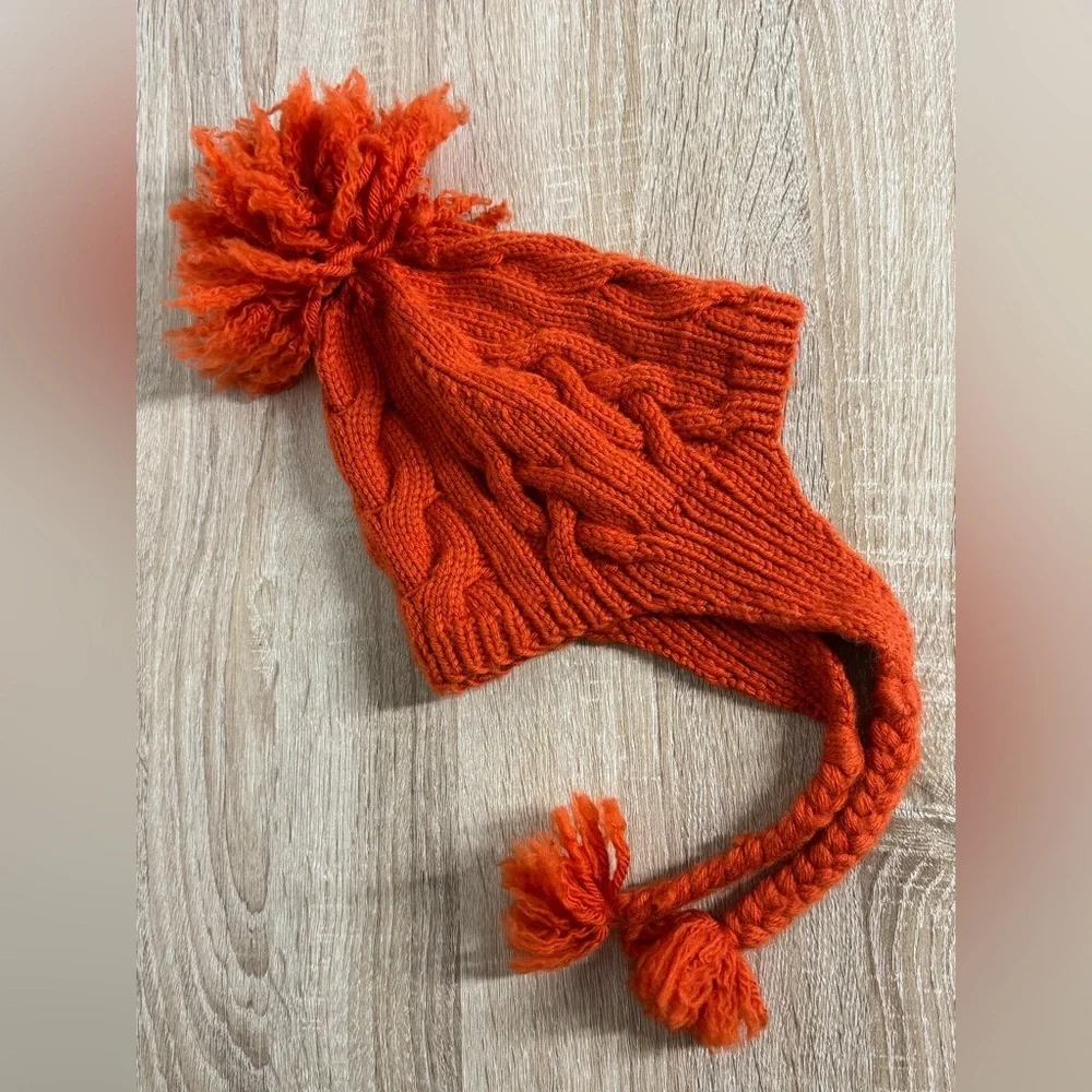 VTG Banana Republic Unisex Orange Sift Wool Chunky Cable Knit EarflapsBeanie Hat